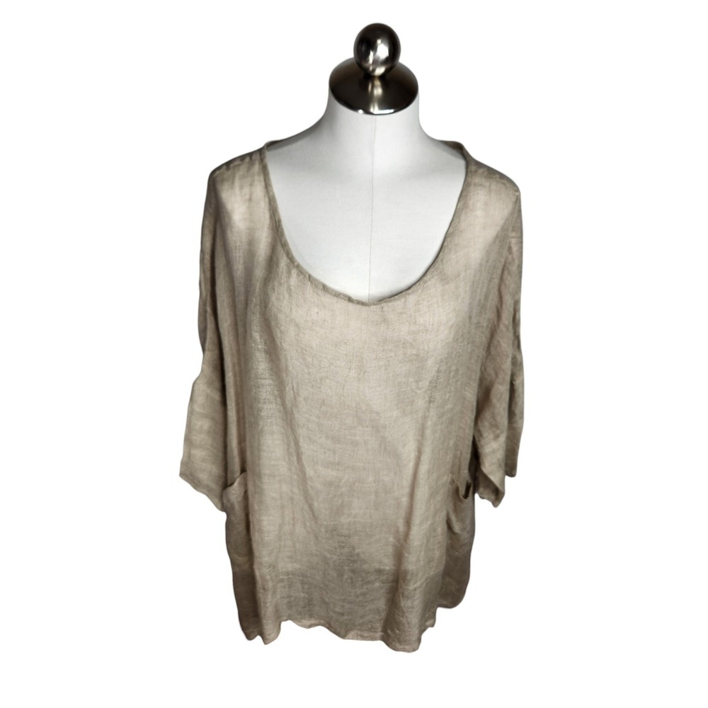 Namsar Tunic Top Women OS Beige 100% Linen Oversized Scoop Neck Pockets